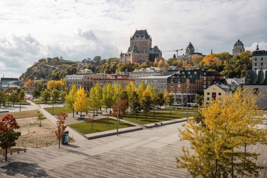 A scenic autumn view of Château Frontenac and surrounding landscape in Old Québec, Canada. Quebec City, Autumn,