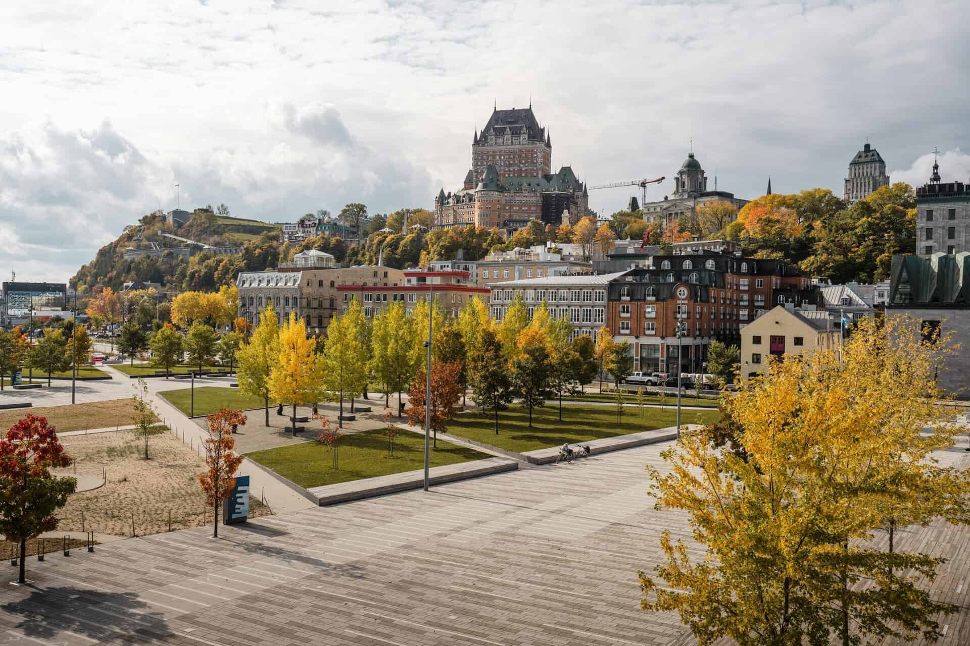 A scenic autumn view of Château Frontenac and surrounding landscape in Old Québec, Canada. Quebec City, Autumn,