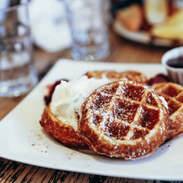 This is a photograph of waffles. Waffles and other breakfast items can be great on chilly days.