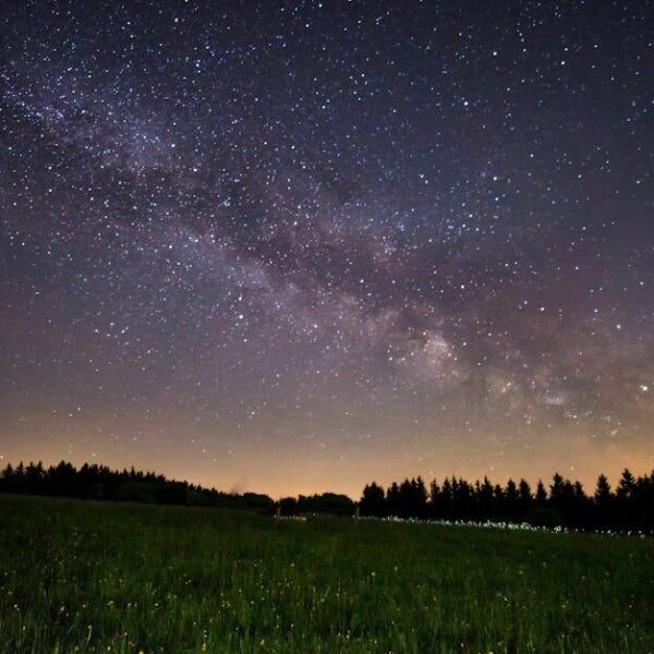 A breathtaking view of a starry night sky over a quiet field, showcasing the Milky Way. planetary returns