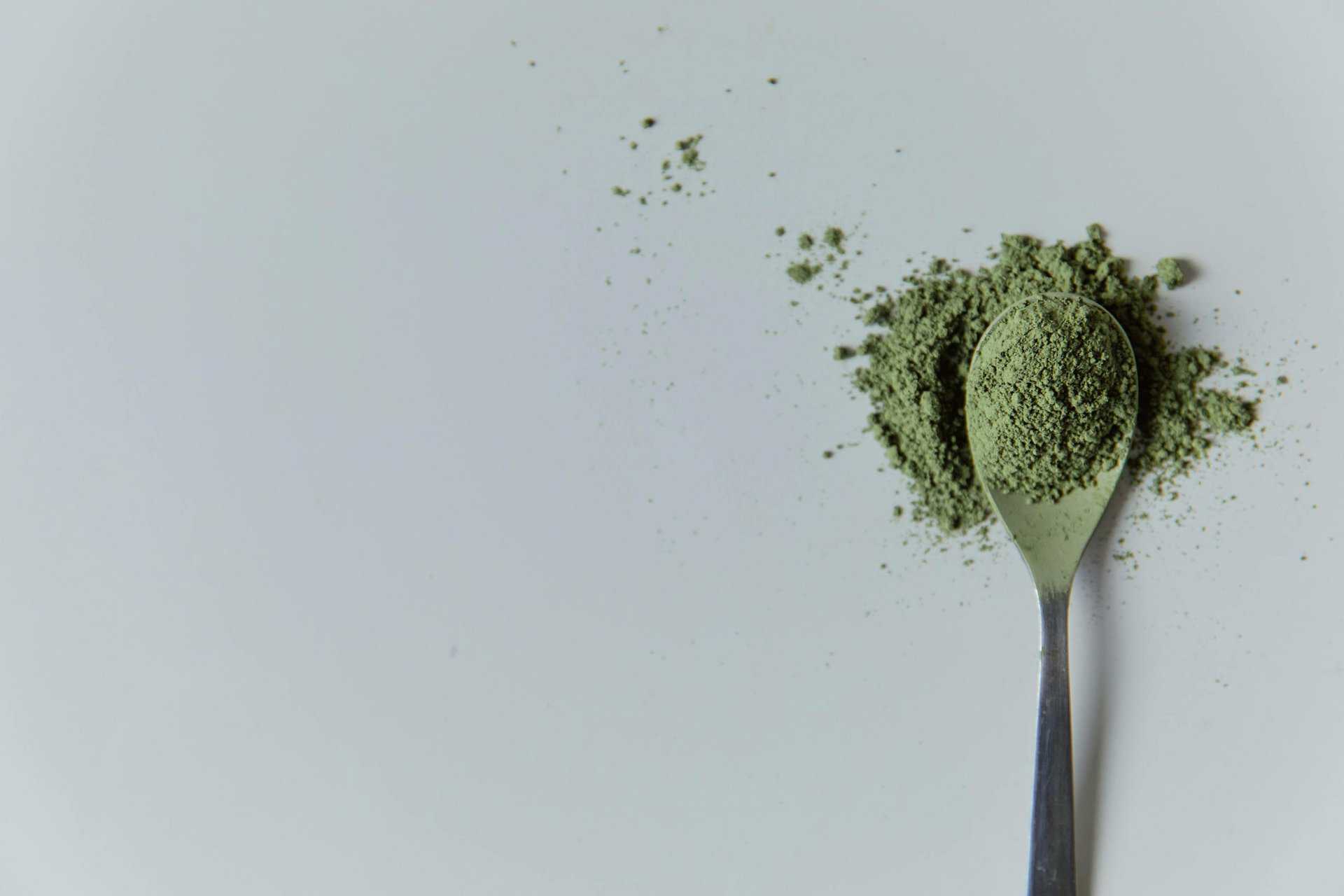 High-quality matcha powder on a spoon in a minimalist studio setting, ideal for culinary and wellness themes.