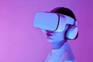 Woman explores virtual reality with VR goggles in modern studio light./ AI