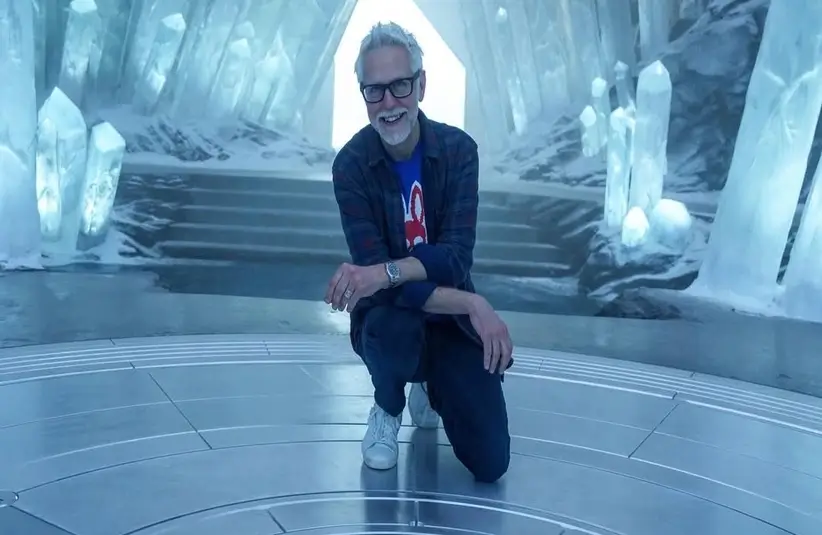 Screenshot of James Gunn on set of a movie. He has big ideas for " Man of Tomorrow "