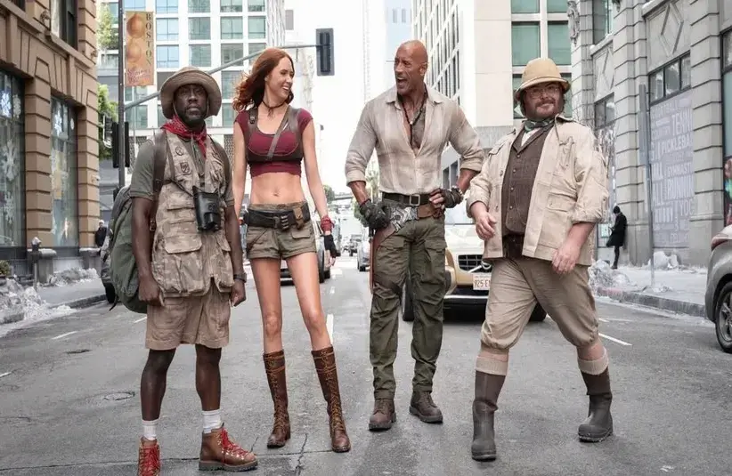 Four cast members of the Jumanji 3 movie coming to theaters Christmas 2026