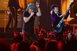 AC/DC lead vocalist Brian Johnson (left) and guitarist Angus Young performs "Rock or Bust" and "Highway to Hell" at the 57th annual Grammy Awards at the Nokia Theatre.