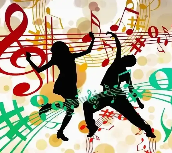The illustration for today's epic earworm is a couple of human shadows dancing as colorful musical notes stream by.
