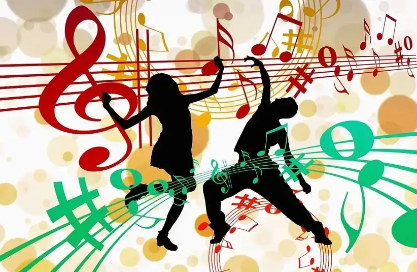 The illustration for today's epic earworm is a couple of human shadows dancing as colorful musical notes stream by.