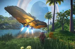 No Man's Sky spacecraft in a lush landscape