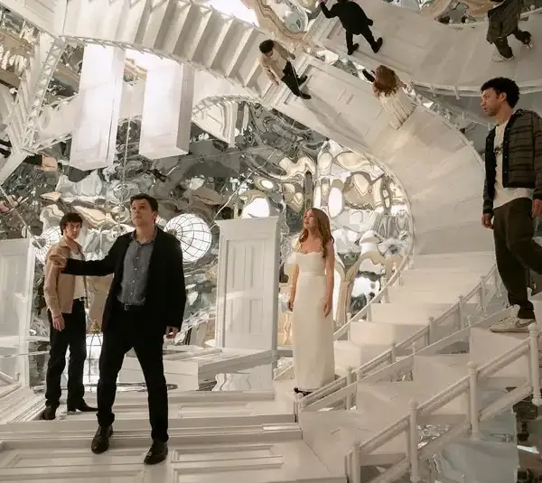 The Cast of Now You See Me: Now You Don't, in a mirror room.