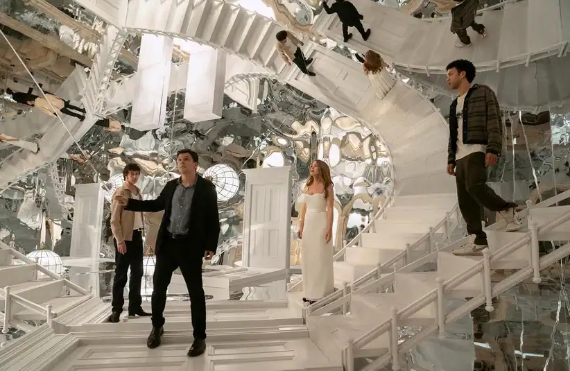 The Cast of Now You See Me: Now You Don't, in a mirror room.