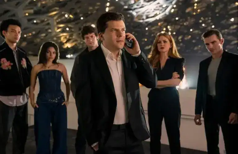 Jesse Eisenberg, Isla Fisher, Dominic Sessa, Dave Franco, Justice Smith, and Ariana Greenblatt in Now You See Me: Now You Don't (2025)