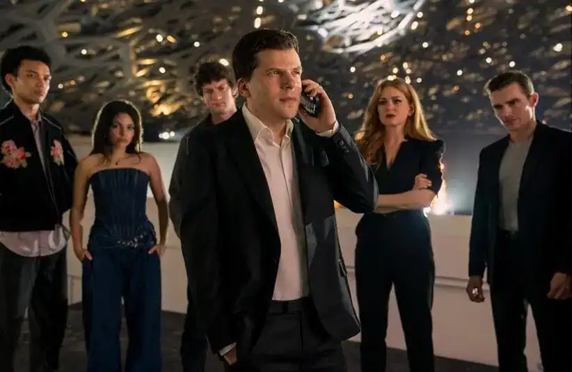 Jesse Eisenberg, Isla Fisher, Dominic Sessa, Dave Franco, Justice Smith, and Ariana Greenblatt in Now You See Me: Now You Don't (2025)