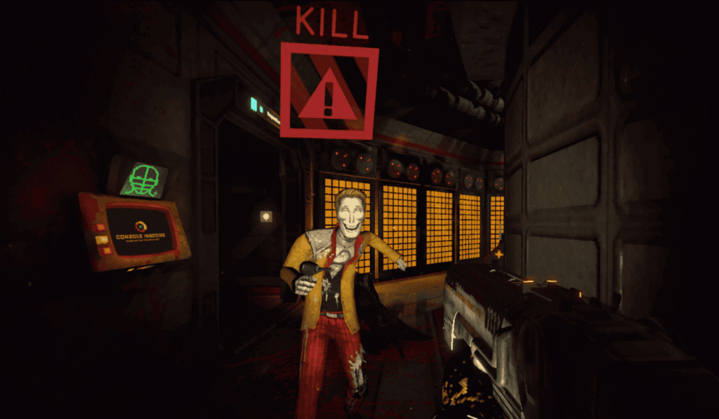 RetroSpace, disco-punk, 70s theme, survival horror, sci-fi, immersive sim, creepy smile, monster, first person shooter