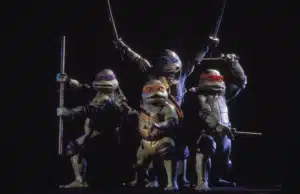 The Teenage Mutant Ninja Turtles are posing in front of a black background.