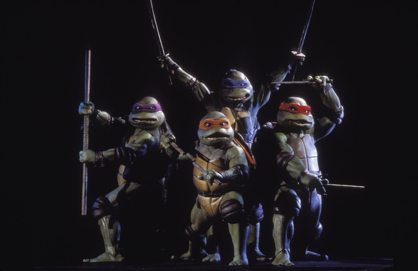 The Teenage Mutant Ninja Turtles are posing in front of a black background.