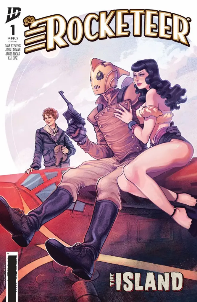 Cover art for the upcoming The Rocketeer: The Island, where we see Amelia Earhart and a dark-haired woman.