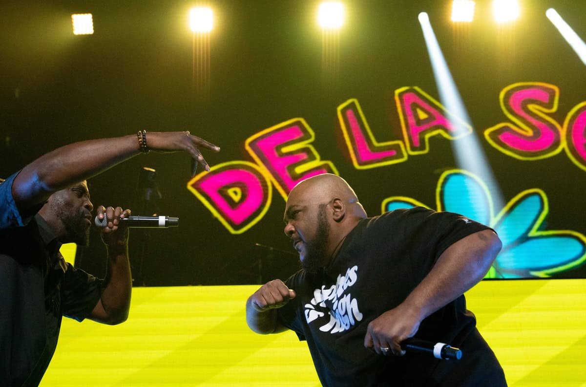 De La. Soul's Kelvin Mercer, left, and Vincent Mason perform at Bridgestone Arena Wednesday night, Sept. 20, 2023. De La Soul