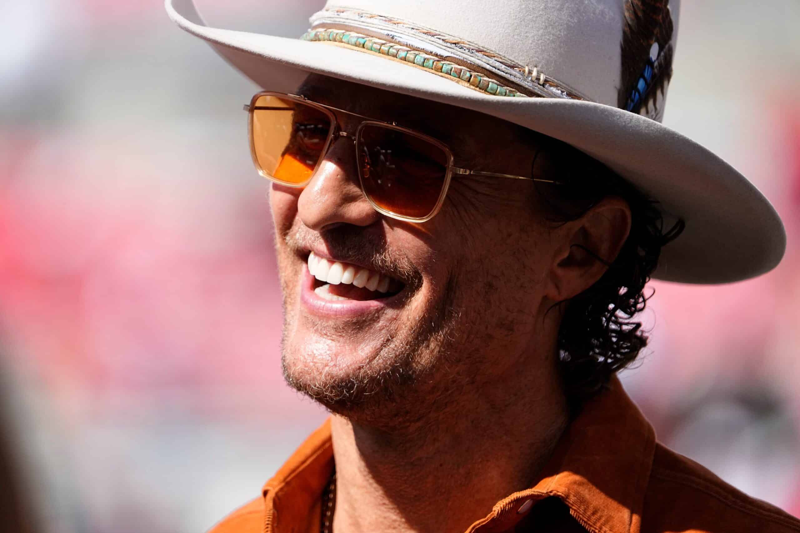 Matthew McConaughey stands on the field prior to the NCAA football game between the Ohio State Buckeyes and the Texas Longhorns at Ohio Stadium on Aug. 30, 2025.