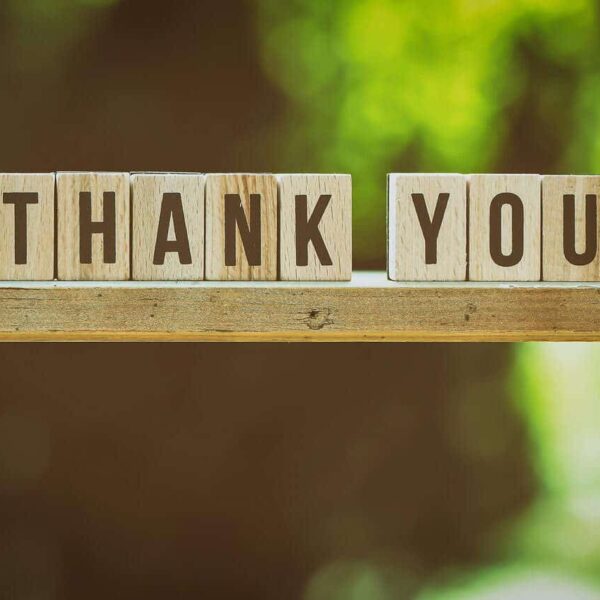 This photograph features an expression of gratitude. "Thank you" is spelled out in wooden blocks.