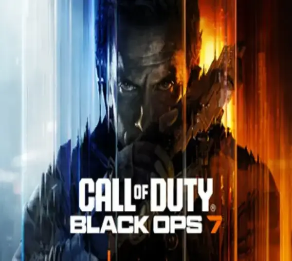 Soldier staring forward holding a weapon with a blue to orange color water effect in front of him with Call of Duty: Black Ops 7 text