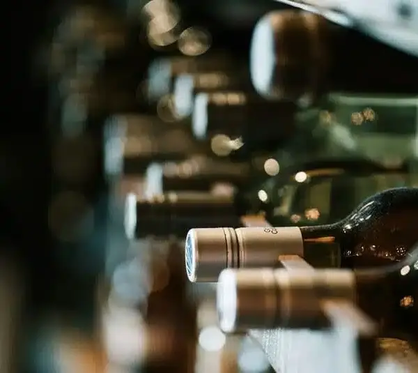 Bottles of wine in a wine rack. Thanksgiving dinner. Wine pairings