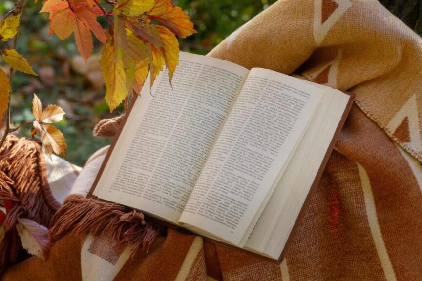 Open book on a blanket surrounded by autumn leaves for a cozy seasonal reading vibe, daily devotion