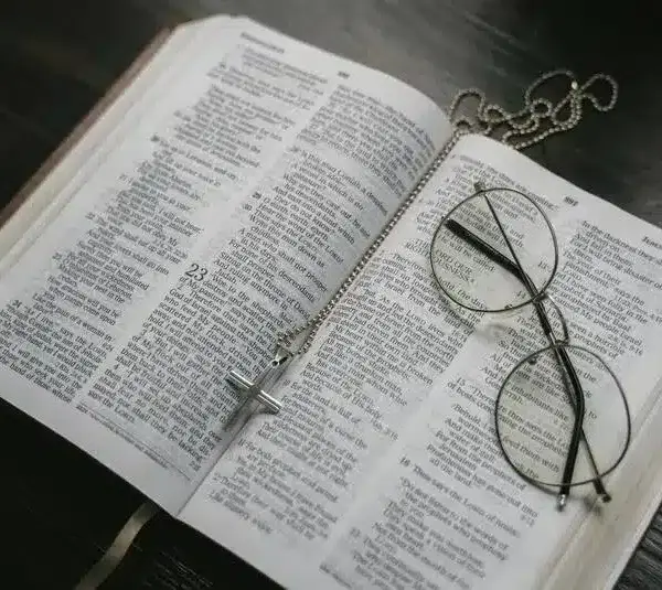 a close up picture of an open bible. your daily devotion.