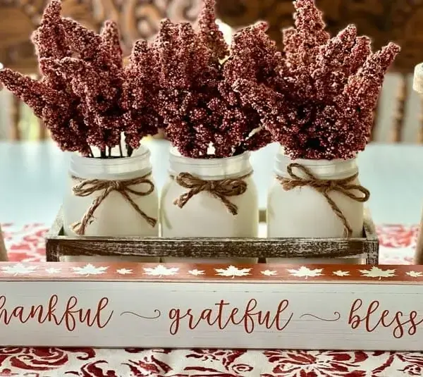 jars of flowers with a sign that says: thankful, grateful, blessed / gratitude, faith