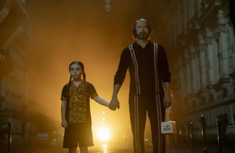 Mads Mikkelsen and Sophie Sloan in Dust Bunny (2025)