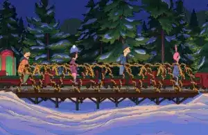 Four animated characters from Bob's Burgers walk on a bridge decorated with festive lights in a snowy forest. They seem surprised or amused. Large gift boxes are visible.