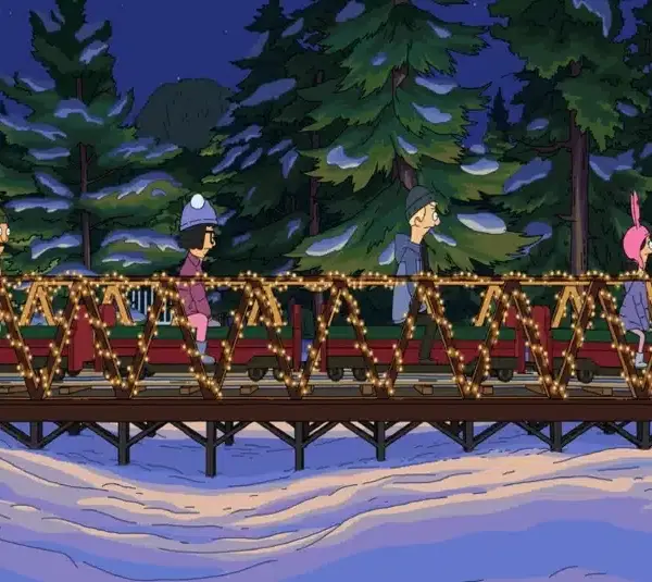 Four animated characters from Bob's Burgers walk on a bridge decorated with festive lights in a snowy forest. They seem surprised or amused. Large gift boxes are visible.
