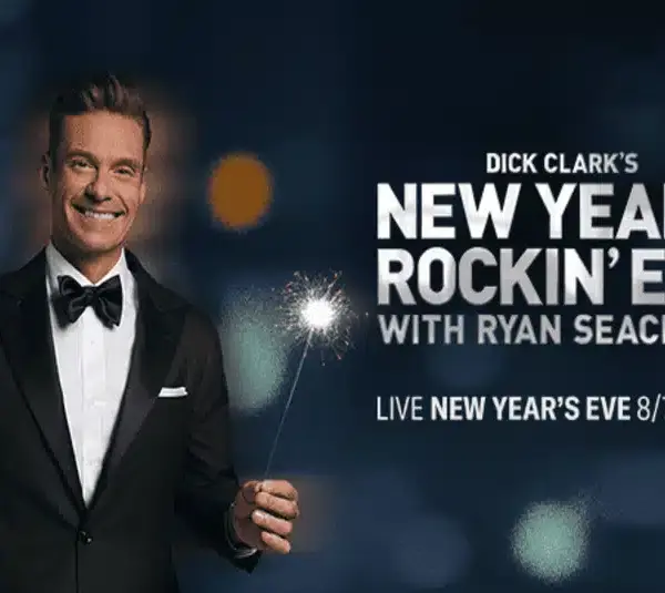 Ryan Seacrest, in a tuxedo, smiles, holding a lit sparkler. Text reads “Dick Clark’s New Year’s Rockin’ Eve with Ryan Seacrest. Live New Year’s Eve 8/7c on ABC.”