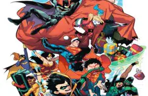 Superheroes in festive attire gather joyfully, carrying gifts. Batman, Superman, and others are prominently featured with a dynamic, cheerful vibe. DC Comics, Holiday Spirit