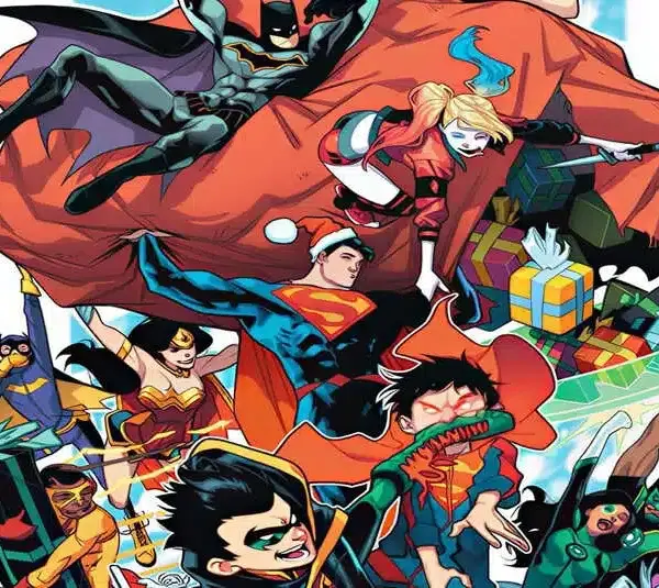Superheroes in festive attire gather joyfully, carrying gifts. Batman, Superman, and others are prominently featured with a dynamic, cheerful vibe. DC Comics, Holiday Spirit