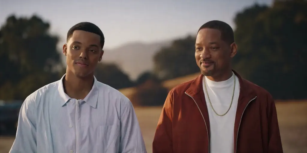 Two men stand outdoors with blurred trees and hills in the background. One wears a light blue shirt, the other a rust jacket. They share a friendly moment. Will Smith, Bel-Air