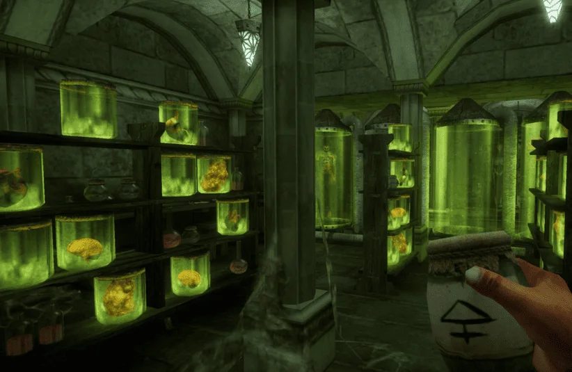 Caput Mortum, retro style horror game about a man trying to uncover the dark secrets within an abandoned alchemist's lab, WildArts, Black Lantern Collective, Nintendo Switch, Nintendo Switch 2, dungeon crawler, specimens suspended in glass jars and pods.