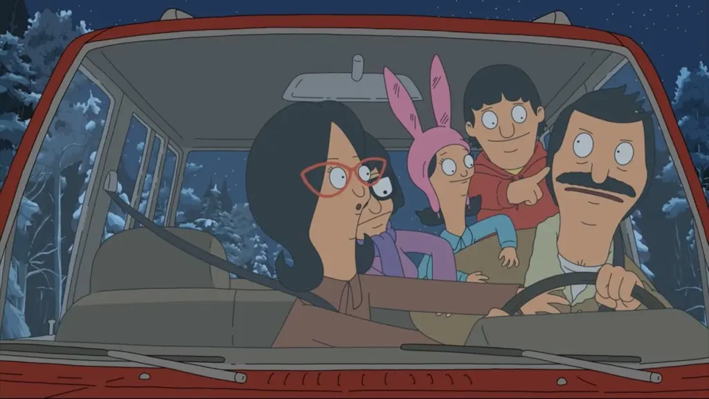 A cartoon family is in a red car at night, surrounded by snowy trees. The parents sit in front, and three kids in the back. They all look content and happy.