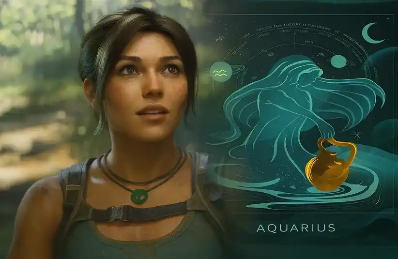 AI-generated image of Lara Croft from Tomb Raider and the Aquarius Zodiac Sign and Water Bearer.
