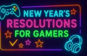 Neon sign reading "New Year's Resolutions for Gamers" for 2026 with game controller, headphones, stars, and a check mark on a dark background. Vibrant and playful.