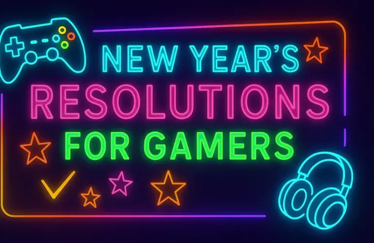 Neon sign reading "New Year's Resolutions for Gamers" for 2026 with game controller, headphones, stars, and a check mark on a dark background. Vibrant and playful.