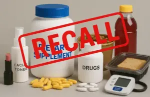 Various health products like supplements, drugs, and a facial toner are shown with a bold red "RECALL" stamp overlay, conveying a warning tone due to the Gold Star Distribution recall by the FDA.