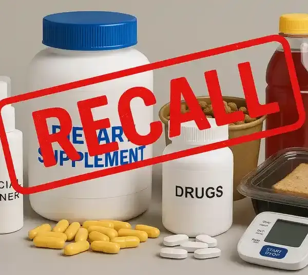 Various health products like supplements, drugs, and a facial toner are shown with a bold red "RECALL" stamp overlay, conveying a warning tone due to the Gold Star Distribution recall by the FDA.