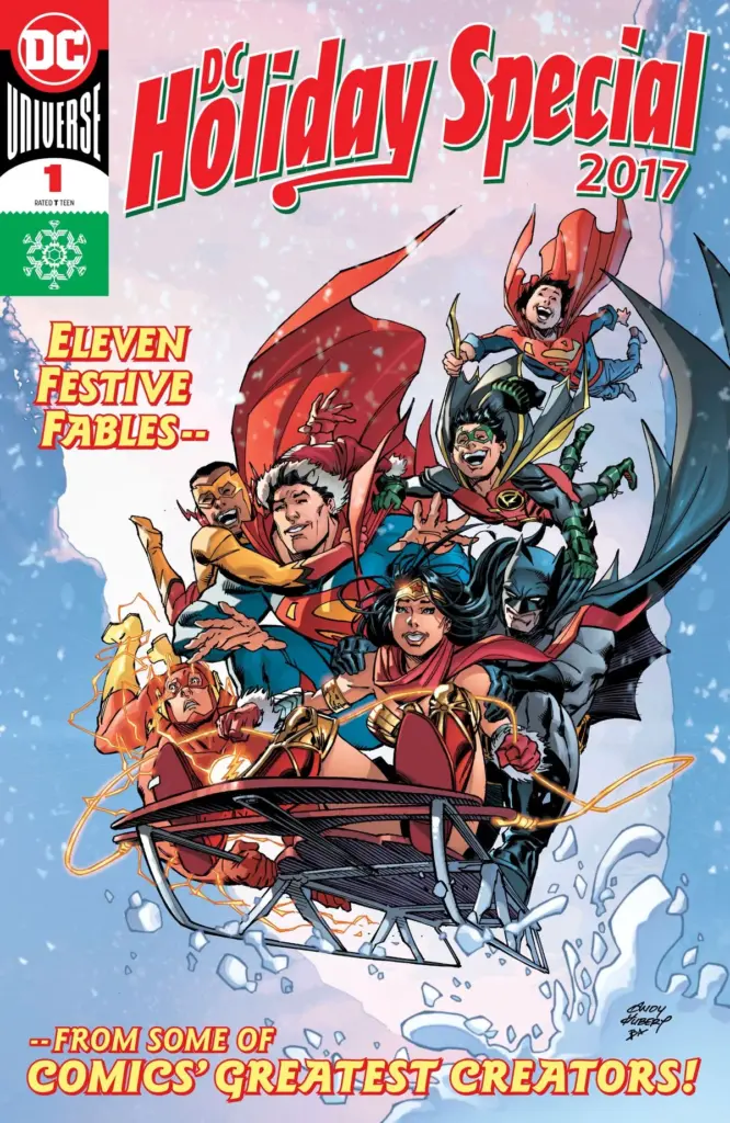 Comic book cover of "DC Holiday Special 2017" shows superheroes sledding in snow, conveying excitement and festivity. Bold text reads โEleven Festive Fables.โ