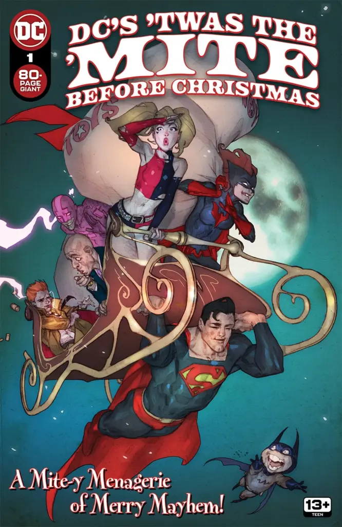 Comic book cover titled โDC's โTwas the Mite Before Christmas.โ Various superheroes fly through the night sky in a sleigh pulled by Superman. The mood is whimsical and festive.