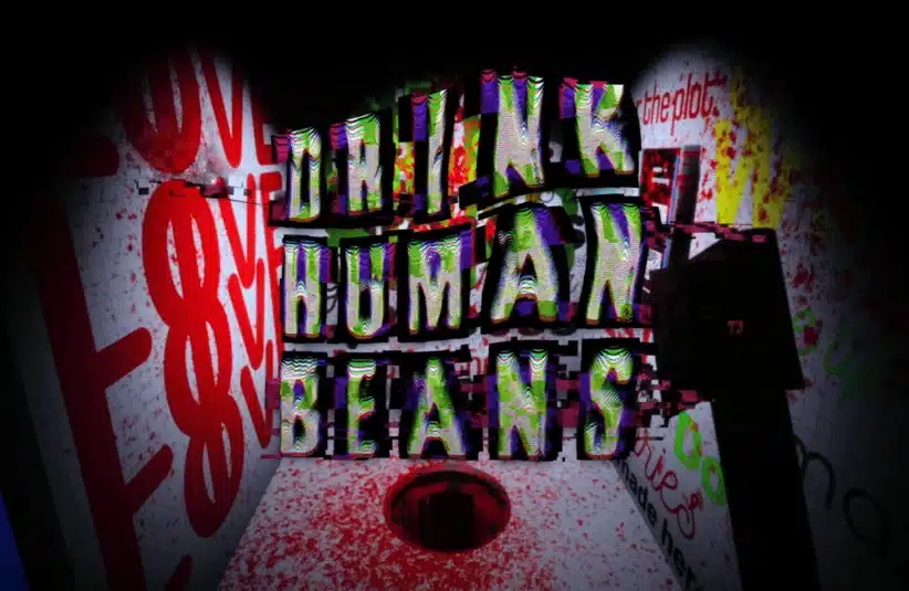 Drink Human Beans, solo dev Last Dissent, dystopian horror survival about a corportation forcing humans through a deadly job hunting trial, coffee machine is the boss AI,