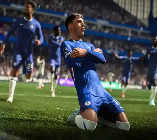 EA Sports FC 26 player in blue uniform celebrating, Best Sports Games 2026