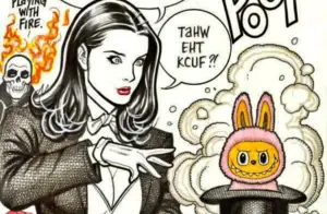 Image of Zatanna artwork by Frank Cho, in a suit and bow tie, performing magic. She produces a fluffy creature from a hat, emitting smoke rings. The background features a skull with flames. Speech bubble reads, "TAHW EHT KCUF?!" (backwards). Tone: mystical, humorous.