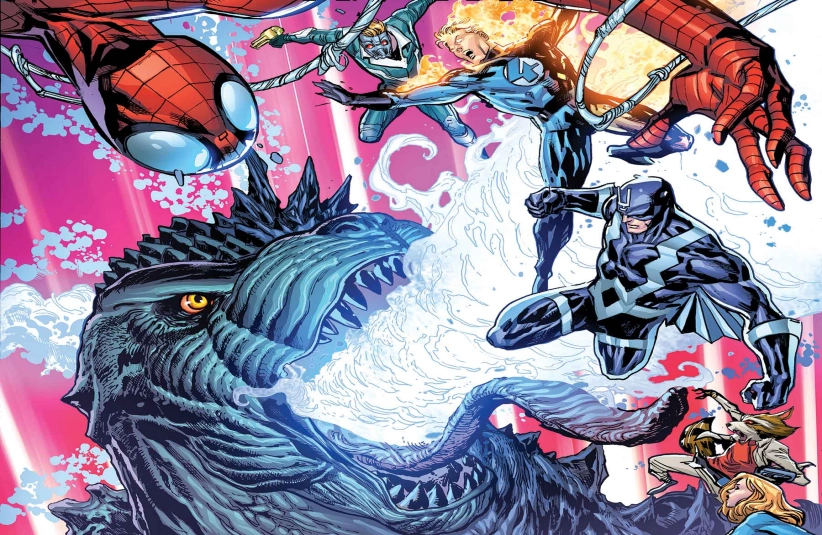 Comic-style illustration of superheroes, including one in a red suit with web patterns, battling a large, fierce monster with water splashes in a dynamic pink background in Godzilla Infinity Roar