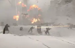 Helldivers 2 player characters in a snow-covered battlefield with five soldiers firing weapons amidst explosions. Bright orange blasts illuminate the snowy terrain, creating a tense atmosphere.