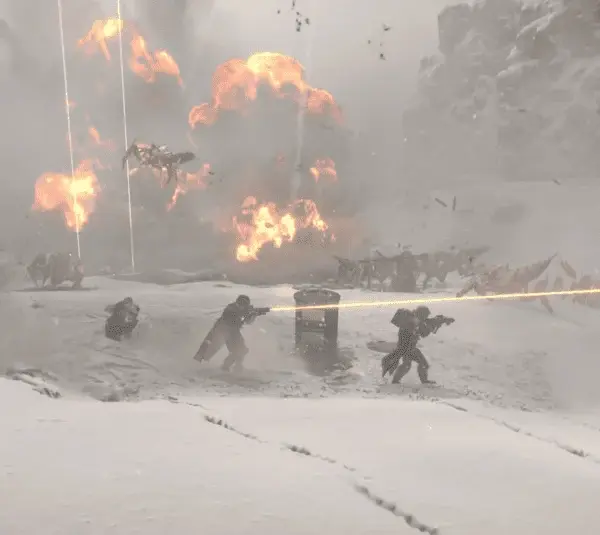 Helldivers 2 player characters in a snow-covered battlefield with five soldiers firing weapons amidst explosions. Bright orange blasts illuminate the snowy terrain, creating a tense atmosphere.